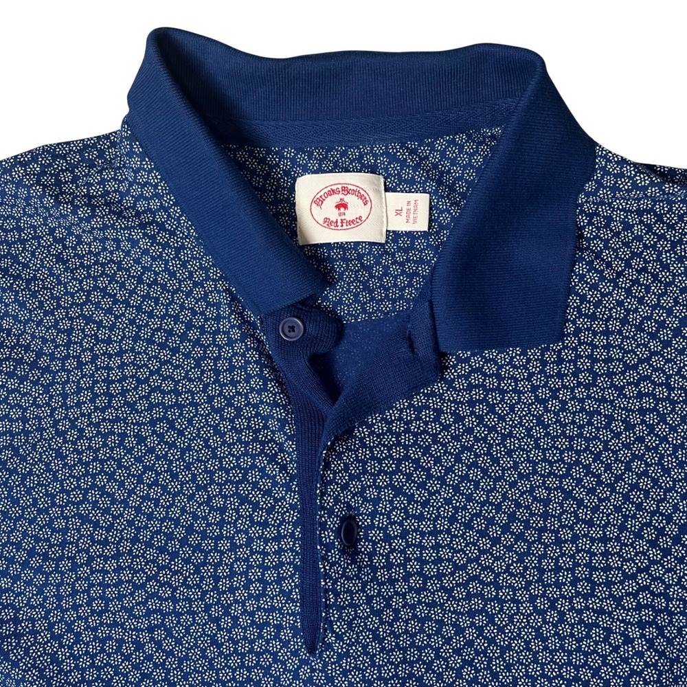Brooks Brothers Polo Shirt Mens XL Blue White Micro Floral Red Fleece Slim Fit